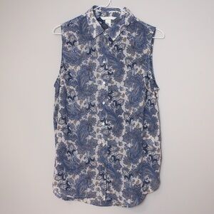 H&M Sleeveless Sheer Paisley Blue and White Collared Button up Top
